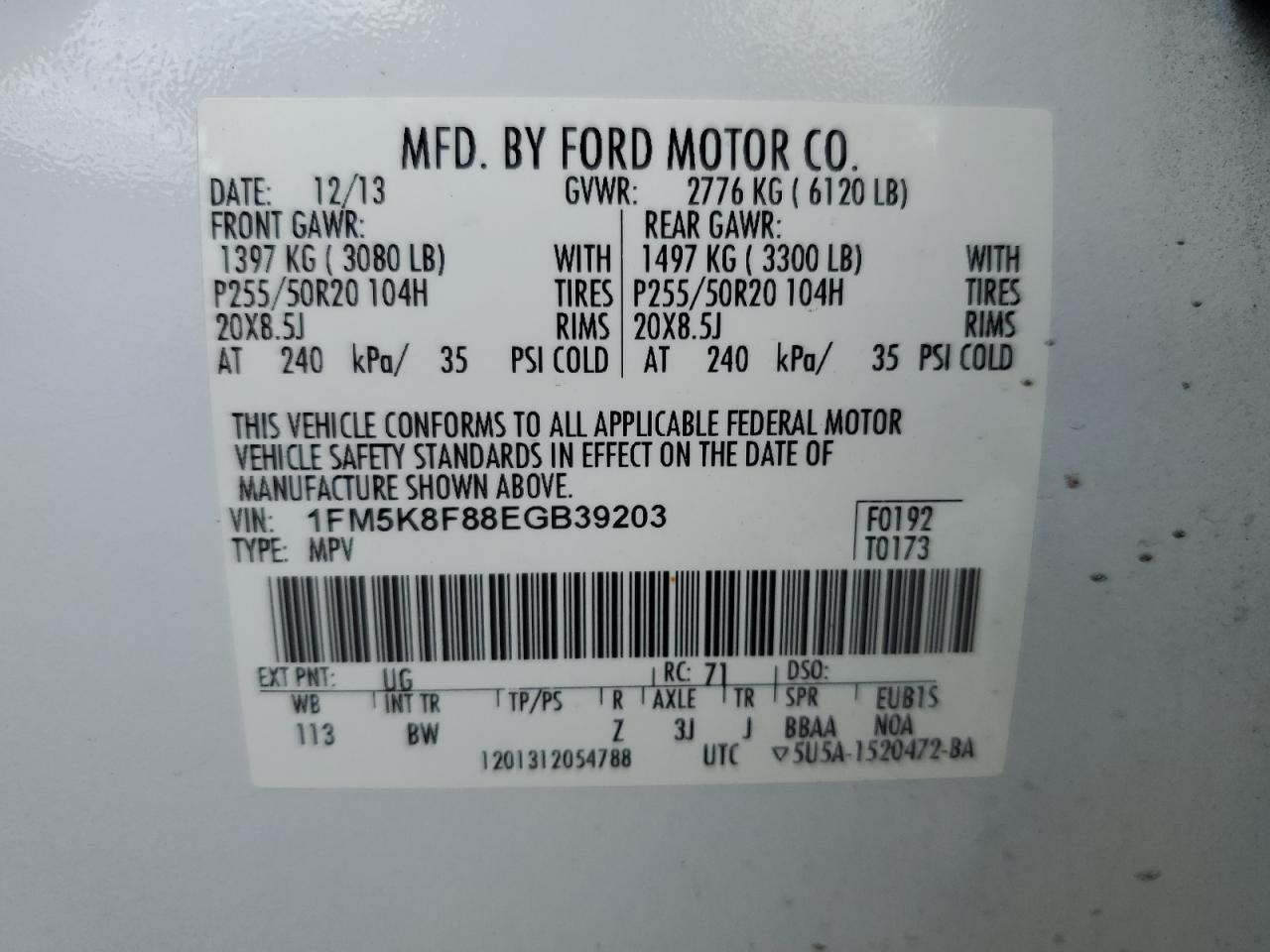 2014 Ford Explorer Limited VIN: 1FM5K8F88EGB39203 Lot: 65274915