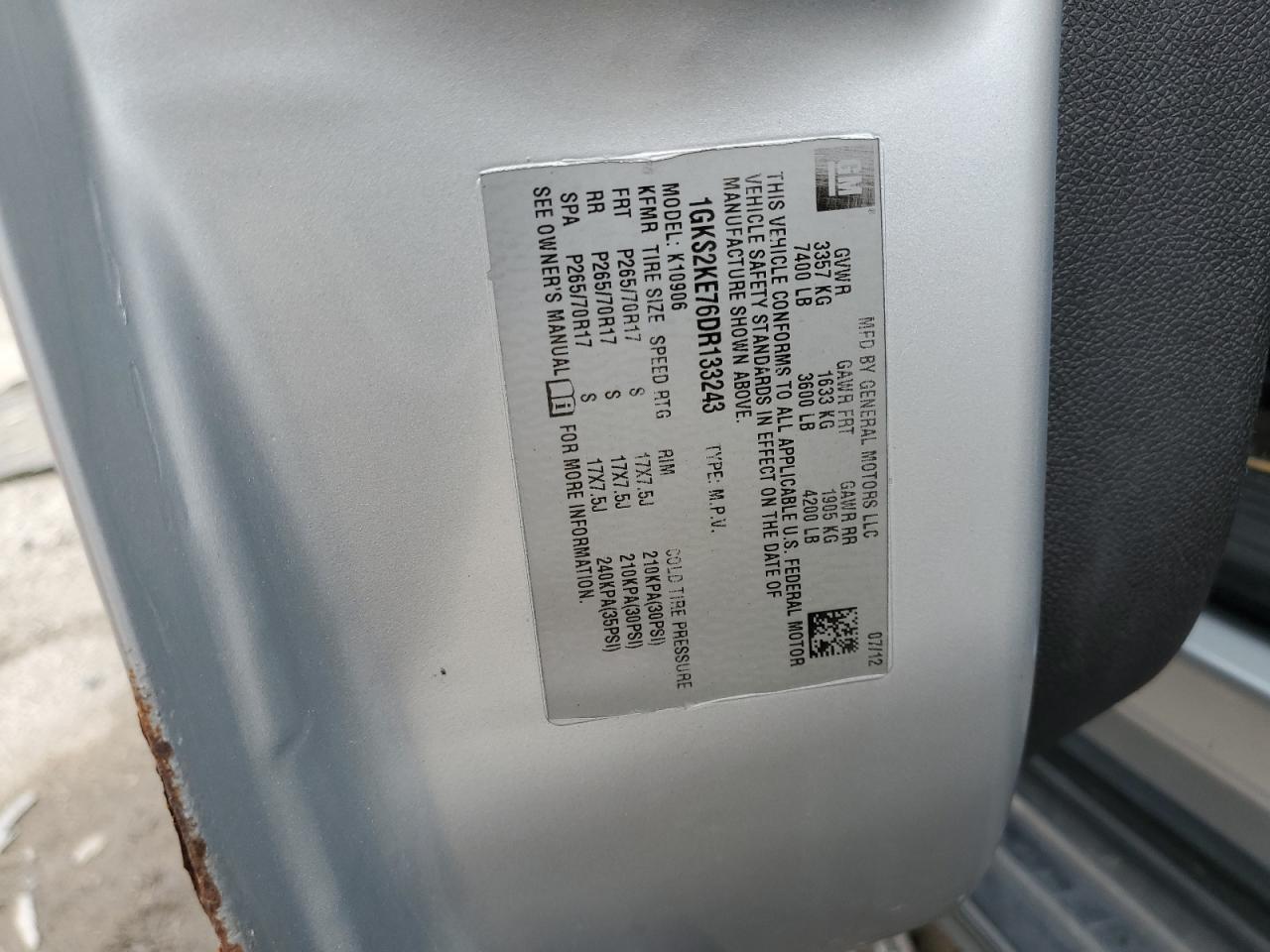 2013 GMC Yukon Xl K1500 Slt VIN: 1GKS2KE76DR133243 Lot: 65180225