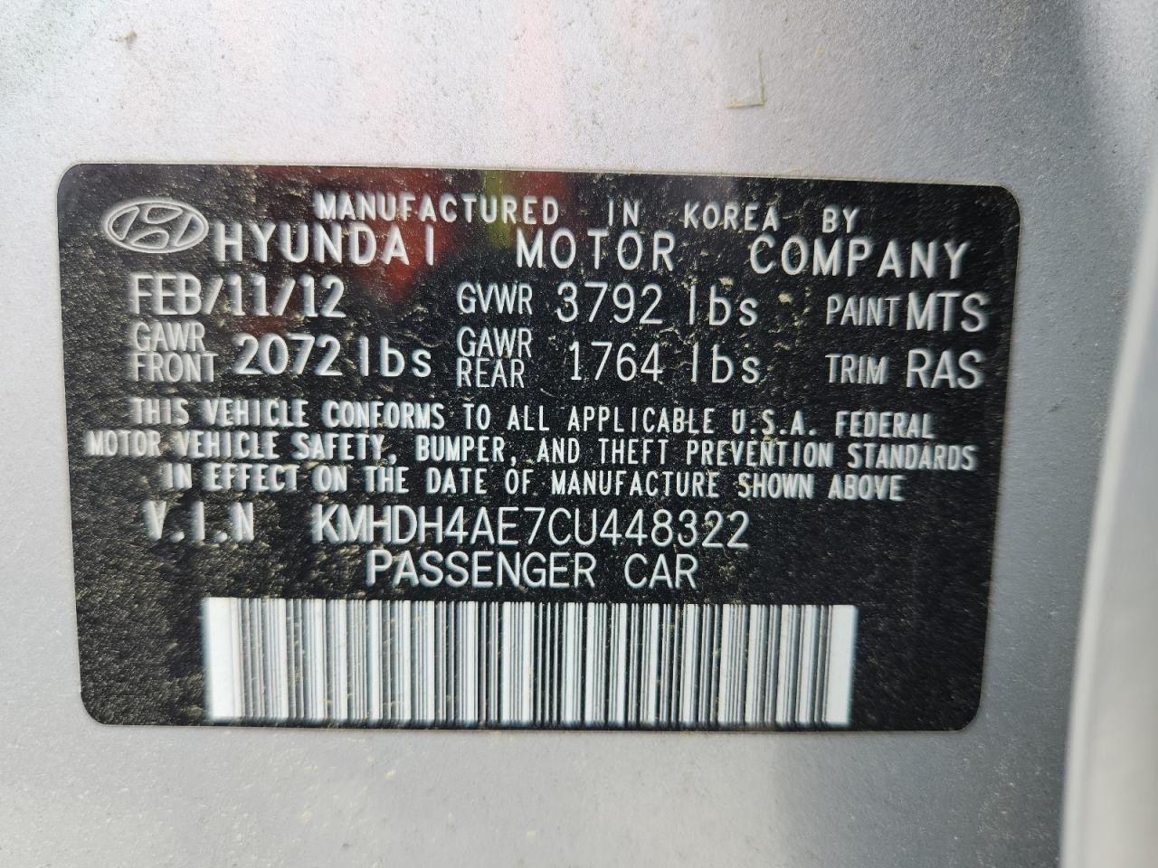 2012 Hyundai Elantra Gls VIN: KMHDH4AE7CU448322 Lot: 62540055