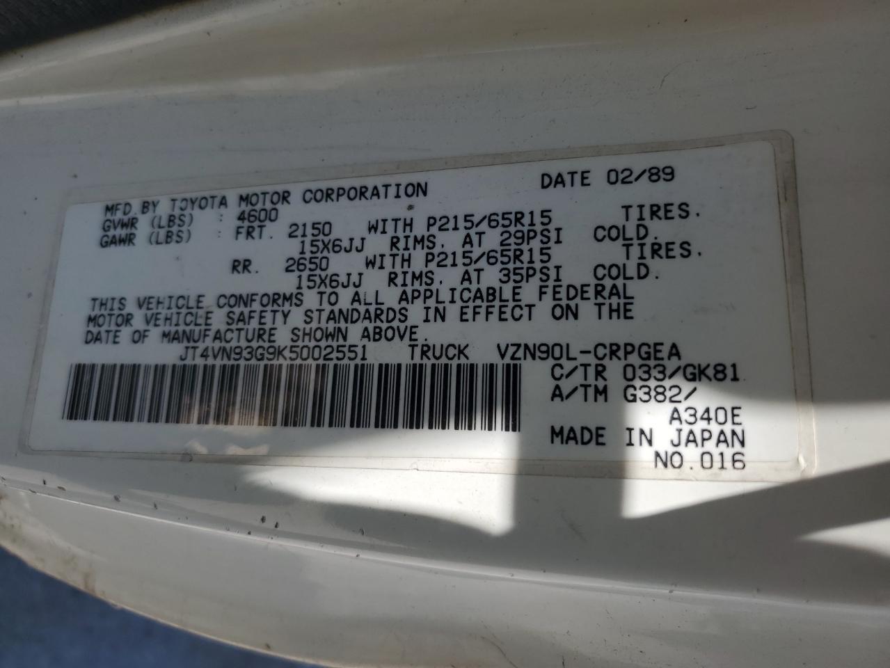 1989 Toyota Pickup 1/2 Ton Extra Long Wheelbase Sr5 VIN: JT4VN93G9K5002551 Lot: 62693285