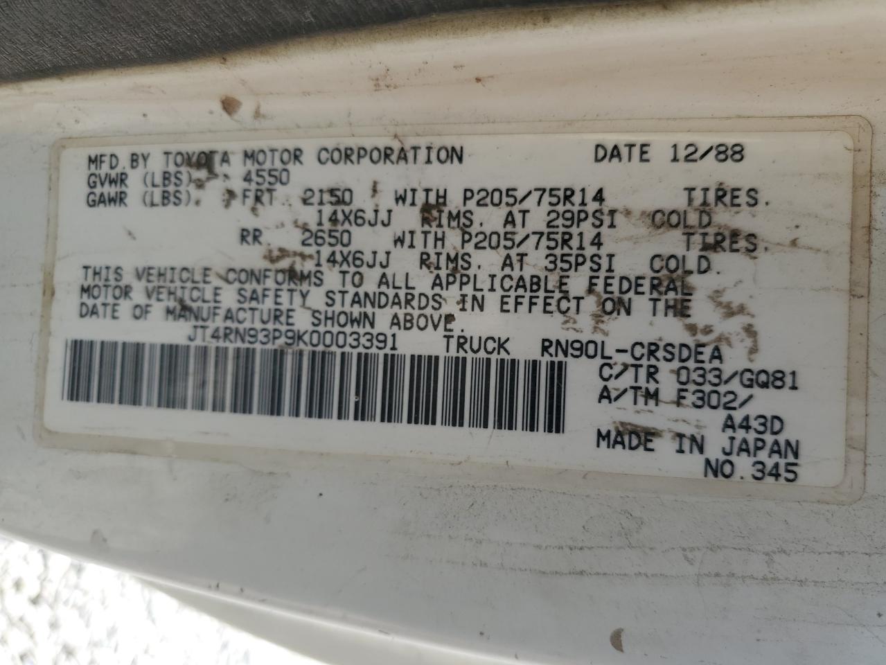 1989 Toyota Pickup 1/2 Ton Extra Long Wheelbase Dlx VIN: JT4RN93P9K0003391 Lot: 65401845