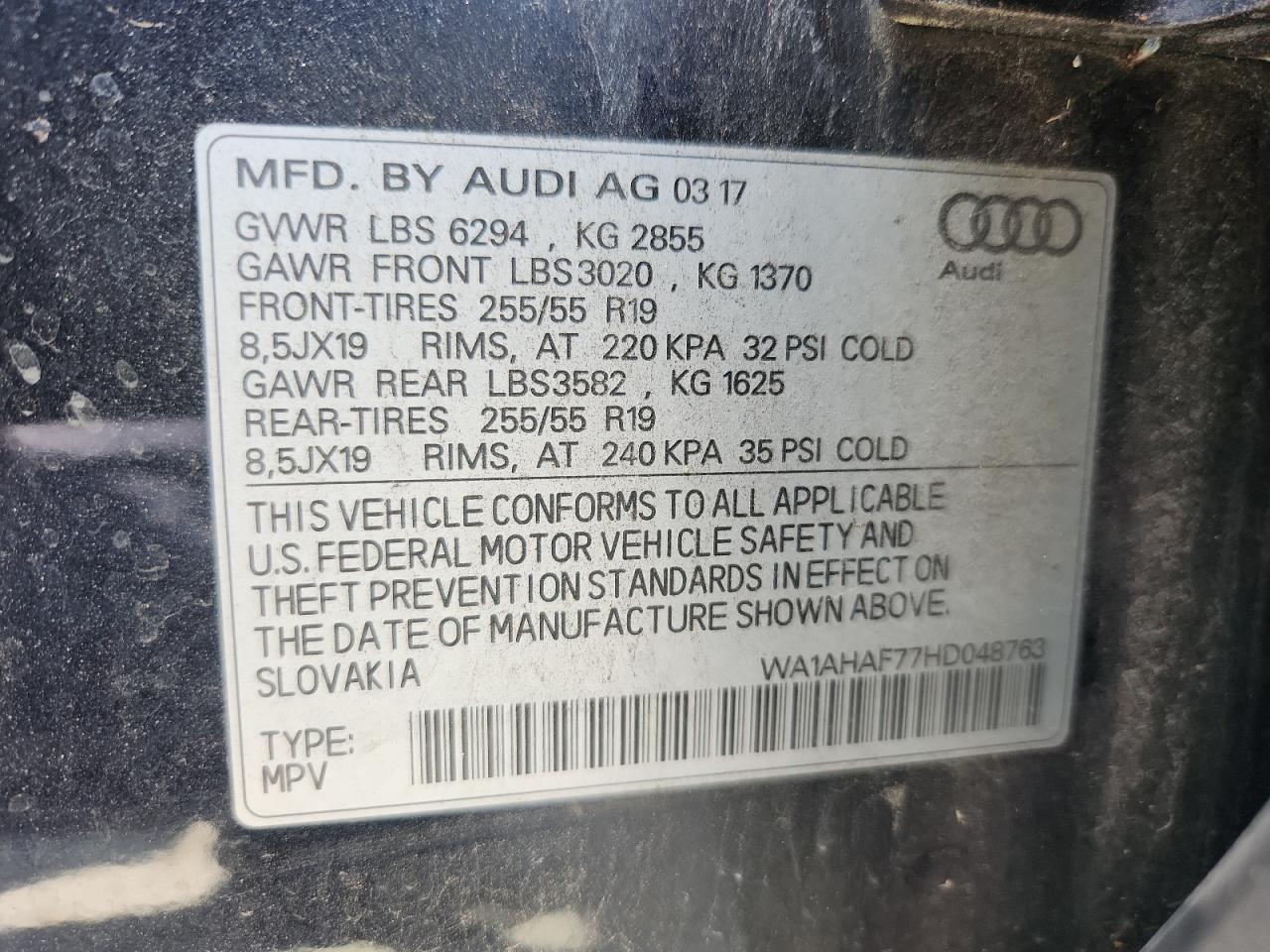 2017 Audi Q7 Premium VIN: WA1AHAF77HD048763 Lot: 64722475