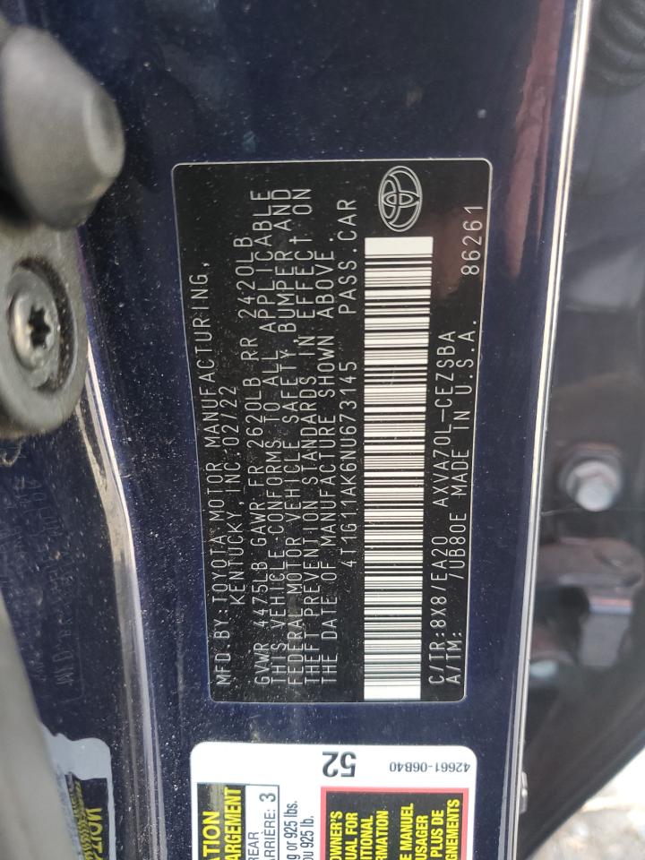 2022 Toyota Camry Se VIN: 4T1G11AK6NU673145 Lot: 66506795