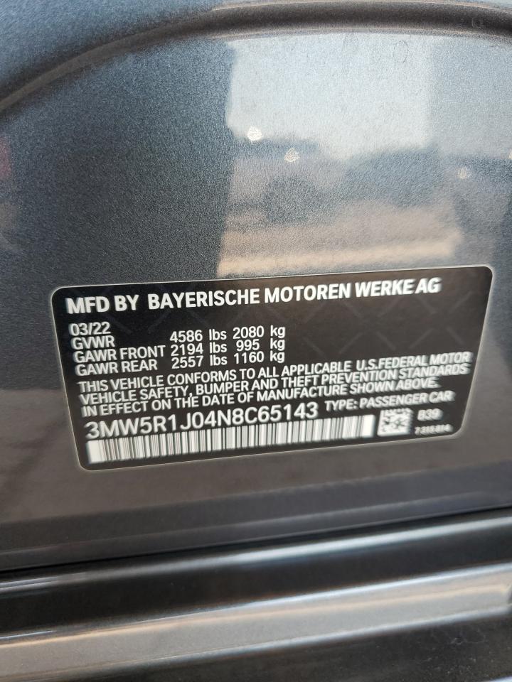 2022 BMW 330I VIN: 3MW5R1J04N8C65143 Lot: 65097785