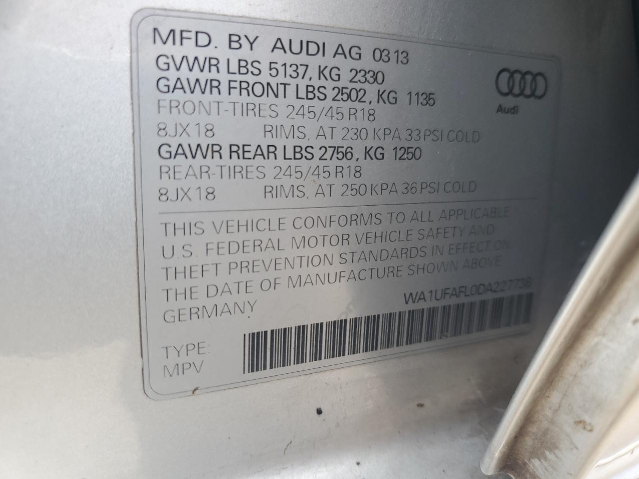 2013 Audi A4 Allroad Premium Plus VIN: WA1UFAFL0DA227738 Lot: 65166795