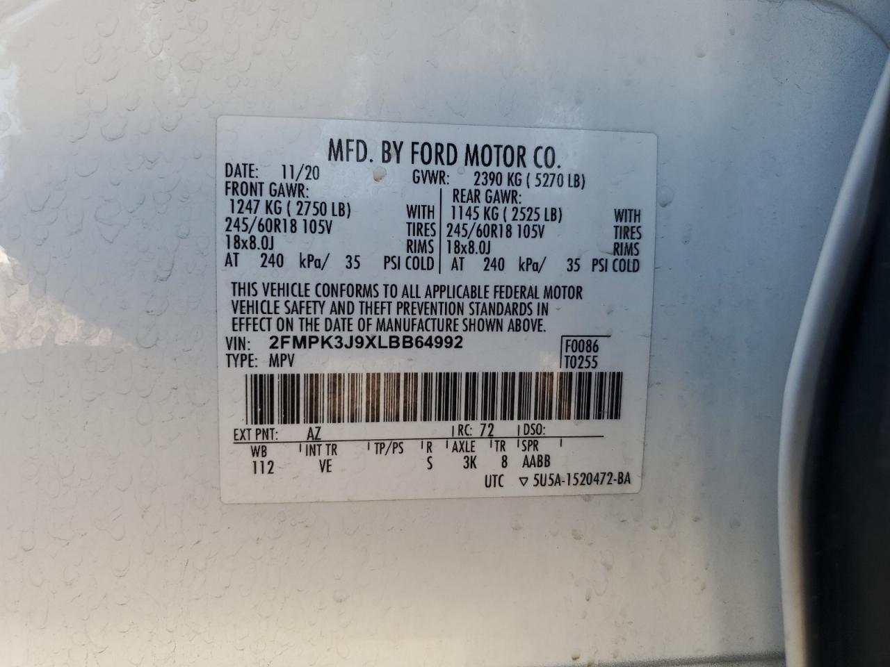 2020 Ford Edge Sel VIN: 2FMPK3J9XLBB64992 Lot: 64471915