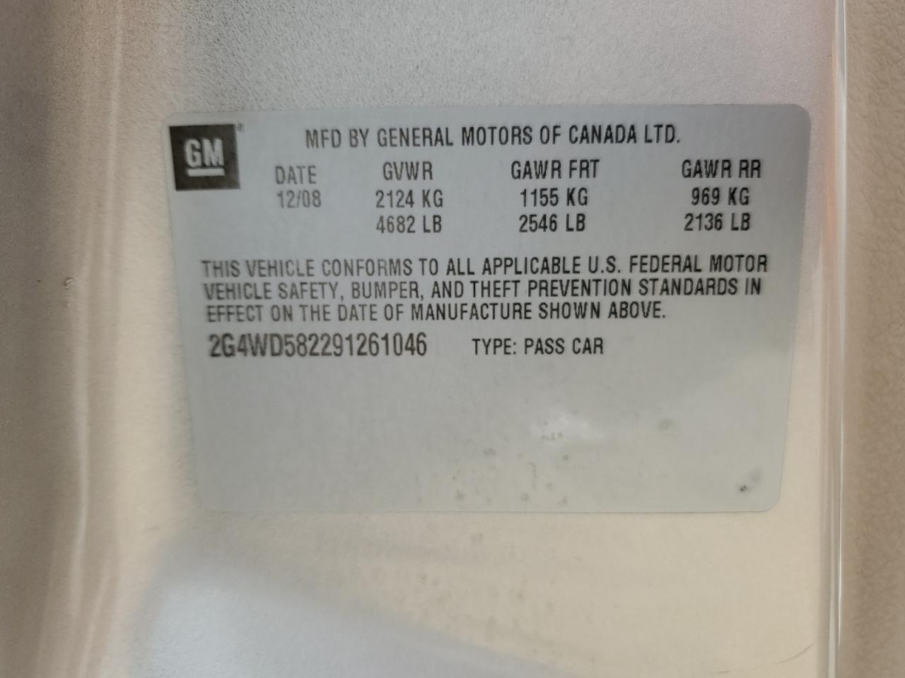 2009 Buick Lacrosse Cxl VIN: 2G4WD582291261046 Lot: 65225125