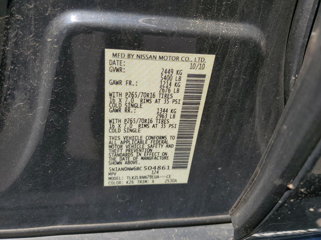 5n1an0nw6bc504861 5N1AN0NW6BC504861 2011 Nissan Xterra Off Road
