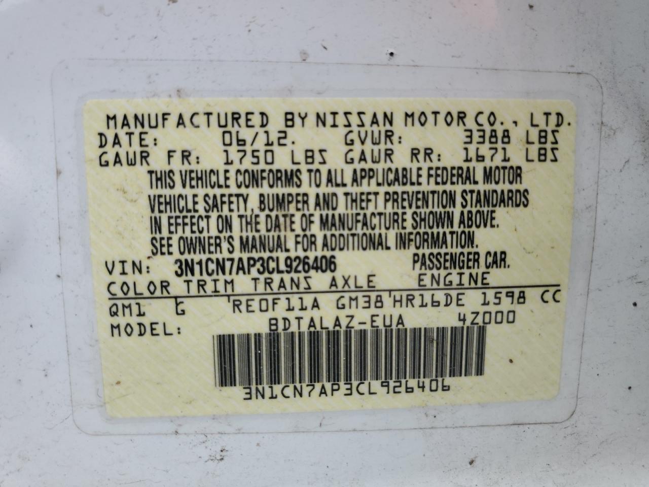 2012 Nissan Versa S VIN: 3N1CN7AP3CL926406 Lot: 64572325