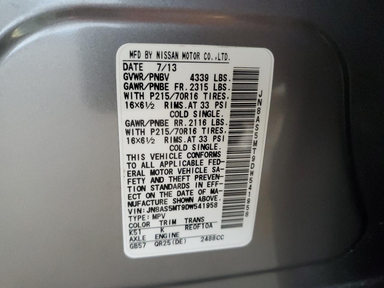 2013 Nissan Rogue S VIN: JN8AS5MT9DW541958 Lot: 63823495