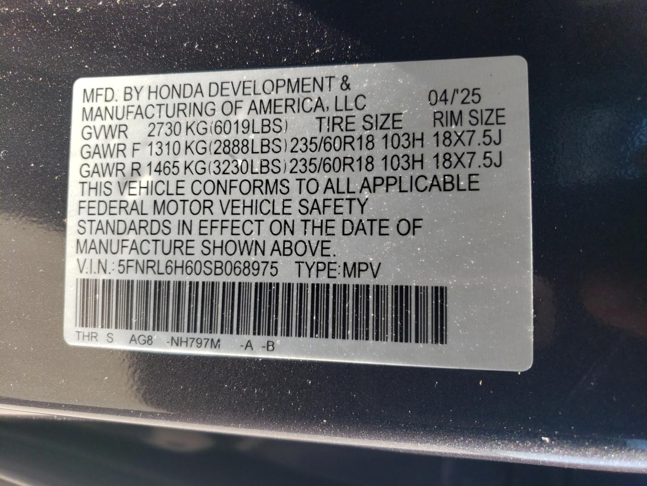 2025 Honda Odyssey Exl VIN: 5FNRL6H60SB068975 Lot: 64064255