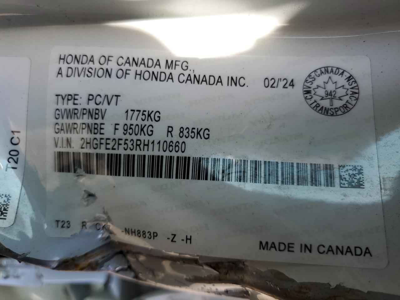 2024 Honda Civic Sport VIN: 2HGFE2F53RH110660 Lot: 64787535