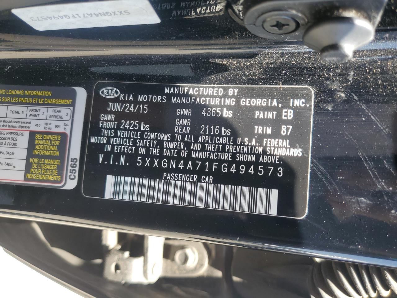 2015 Kia Optima Ex VIN: 5XXGN4A71FG494573 Lot: 65445485