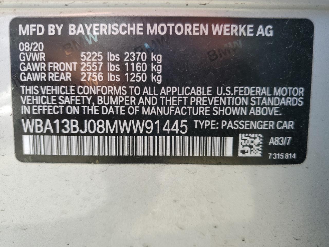 2021 BMW 530 Xi VIN: WBA13BJ08MWW91445 Lot: 65801115