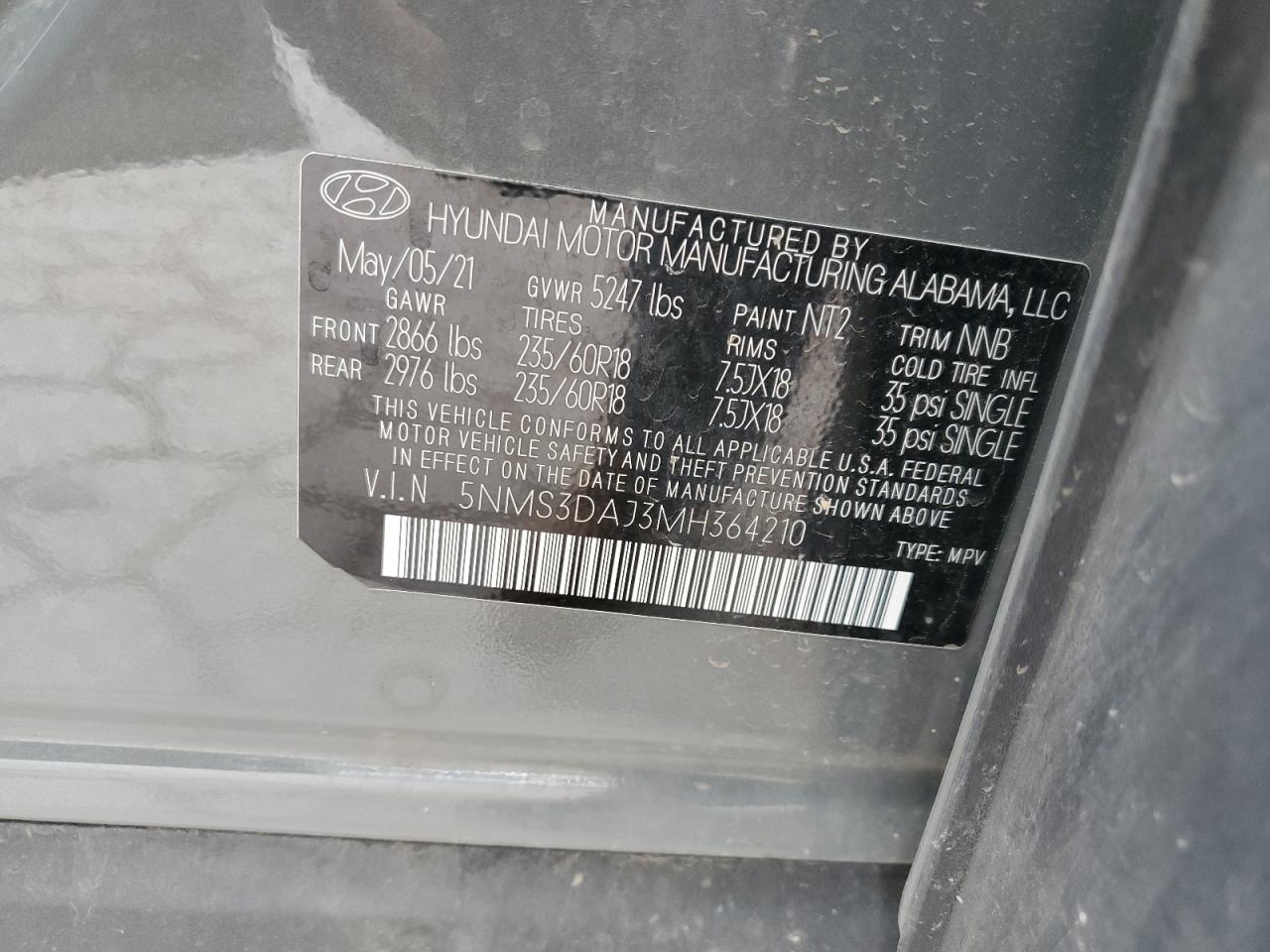 2021 Hyundai Santa Fe Sel VIN: 5NMS3DAJ3MH364210 Lot: 64785765