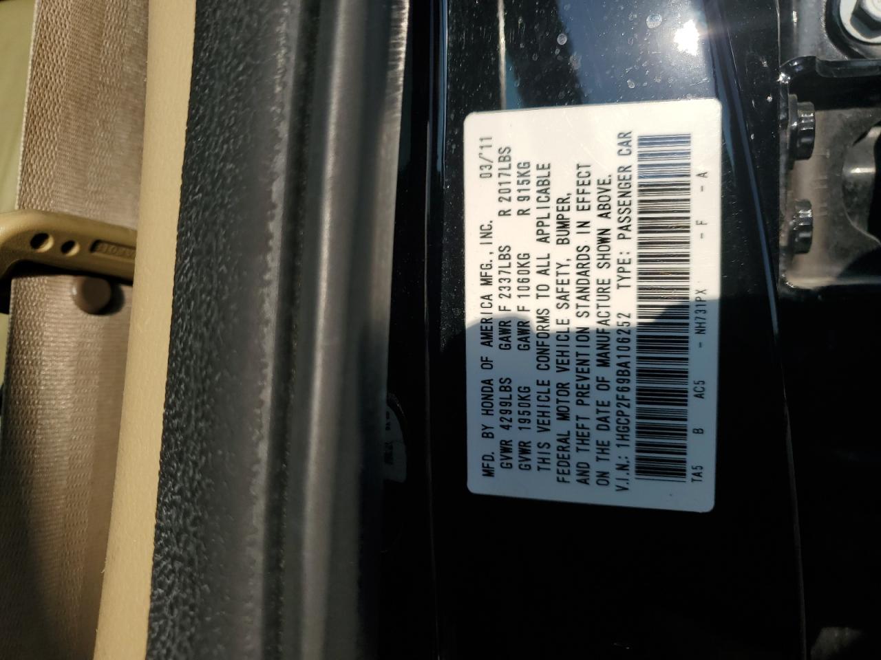 2011 Honda Accord Se VIN: 1HGCP2F69BA106252 Lot: 64620425