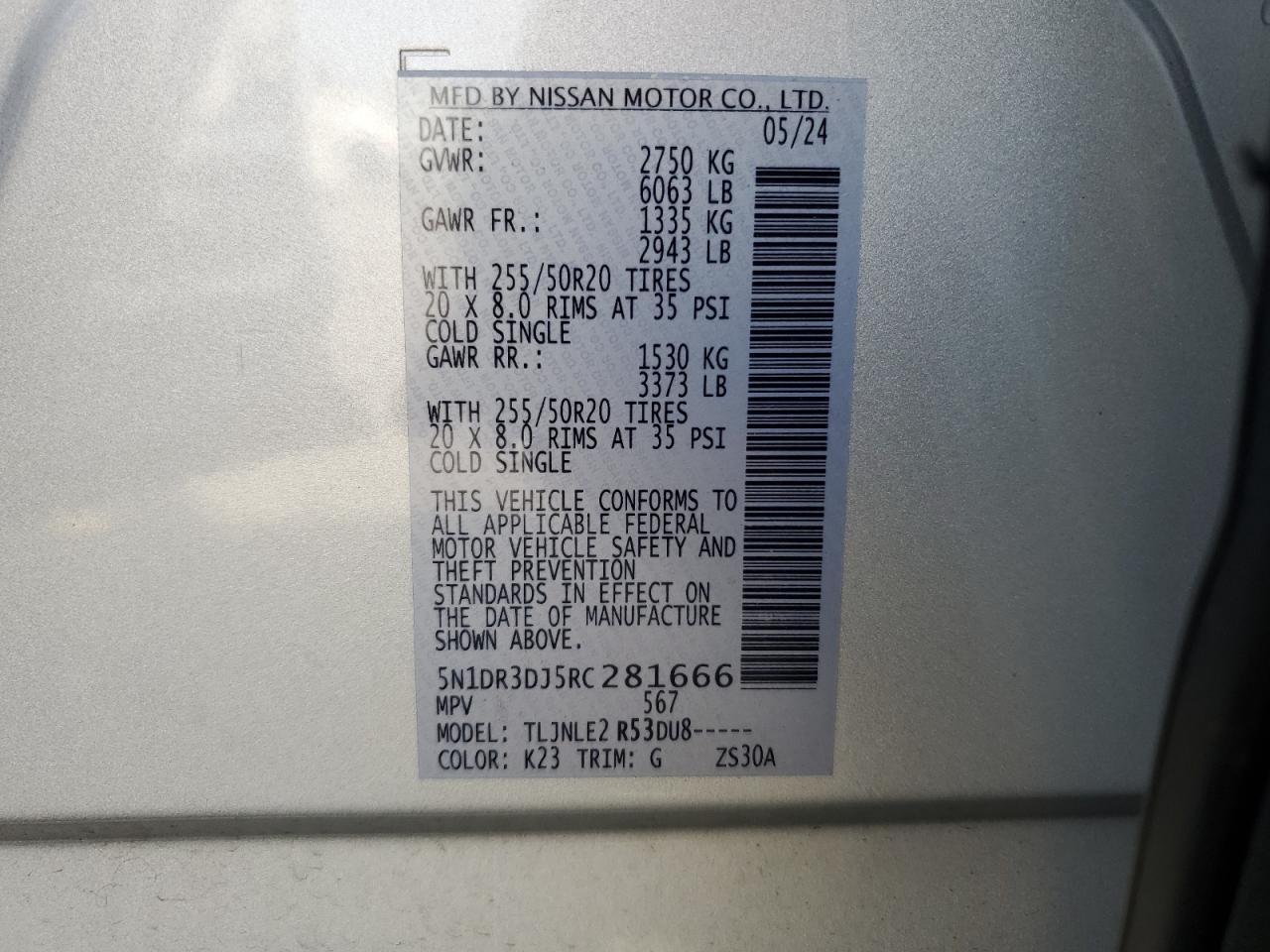 2024 Nissan Pathfinder Platinum VIN: 5N1DR3DJ5RC281666 Lot: 65139315