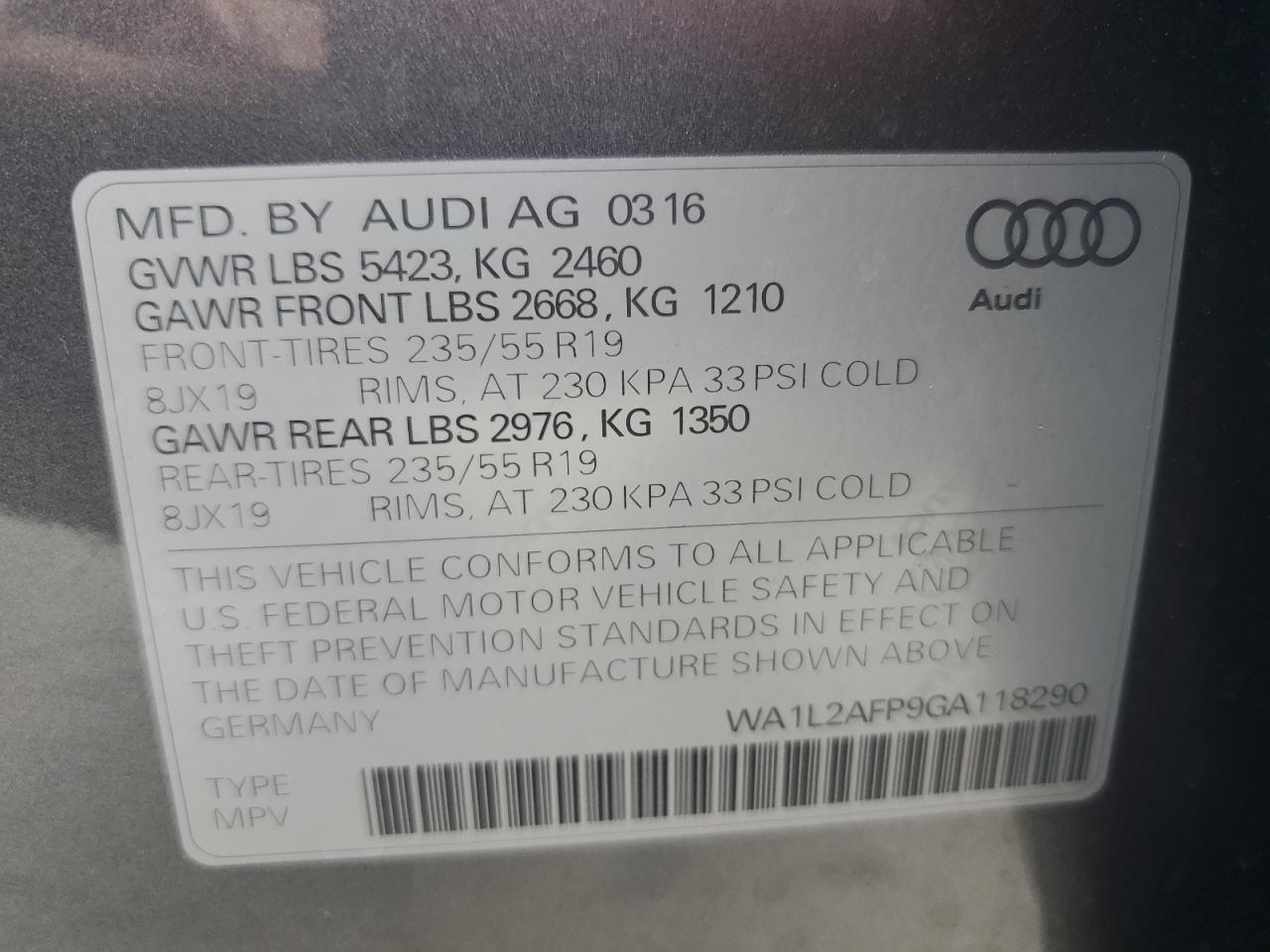 2016 Audi Q5 Premium Plus VIN: WA1L2AFP9GA118290 Lot: 65475035