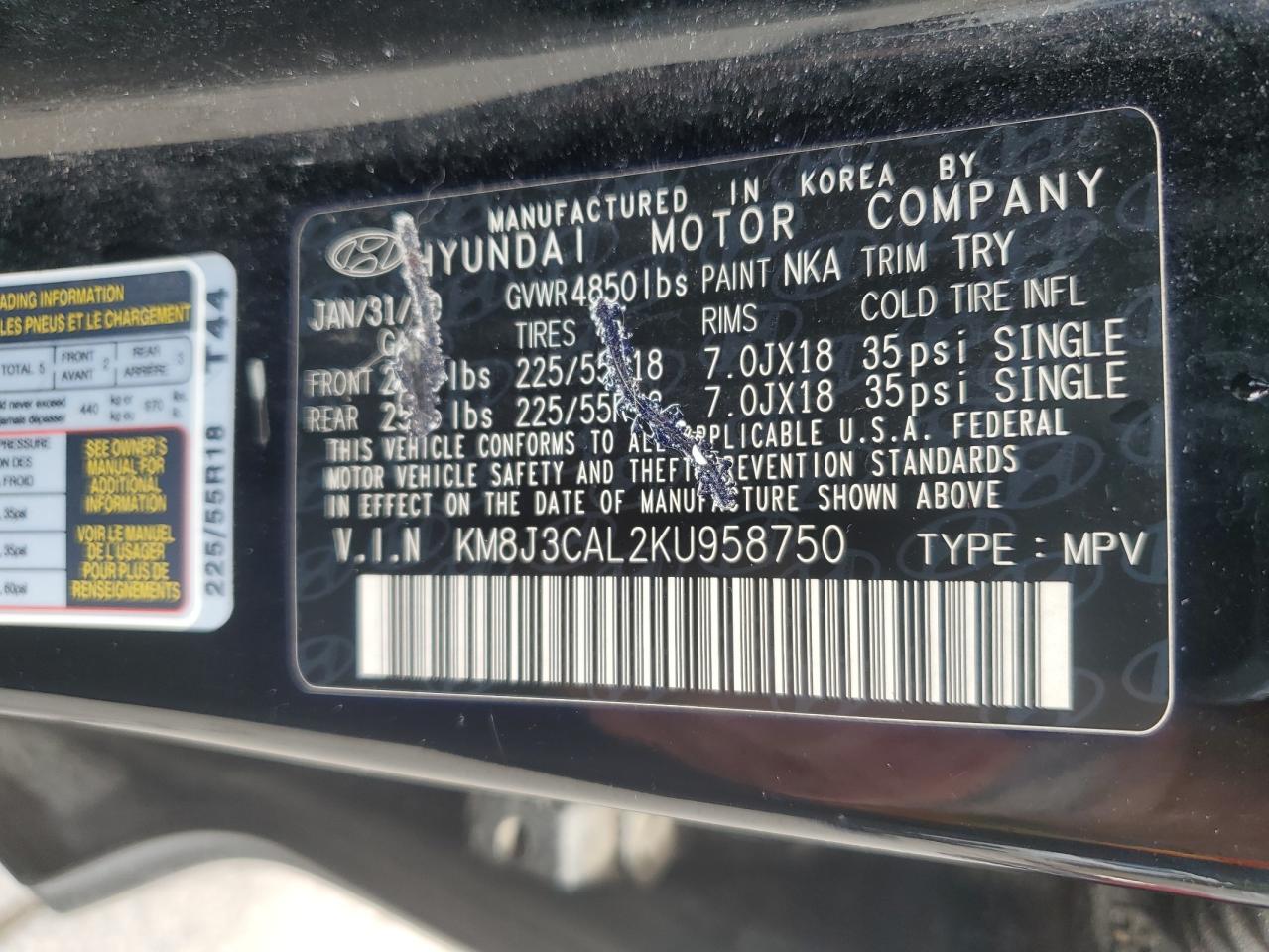 2019 Hyundai Tucson Limited VIN: KM8J3CAL2KU958750 Lot: 64170025