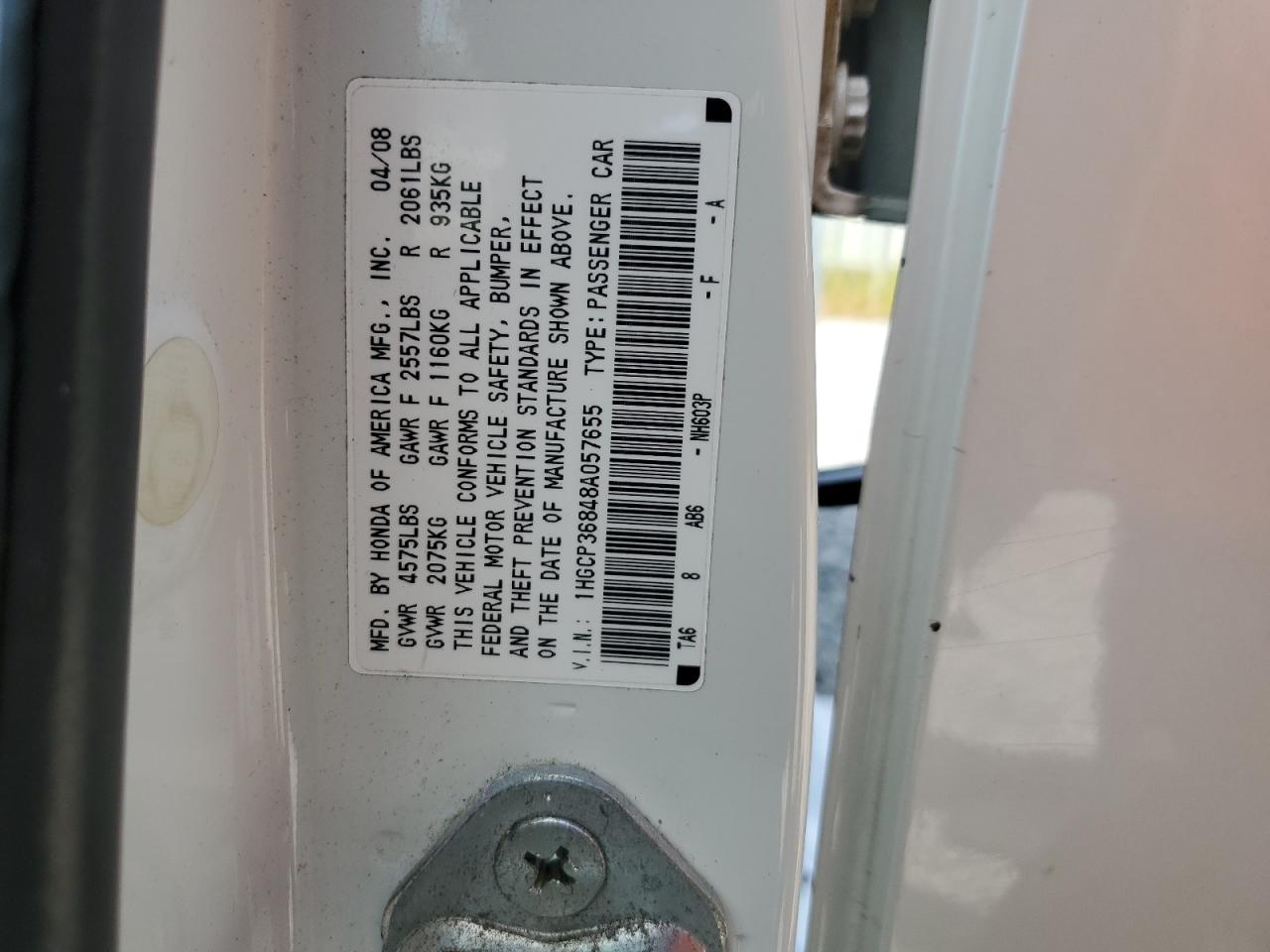 2008 Honda Accord Exl VIN: 1HGCP36848A057655 Lot: 65817735