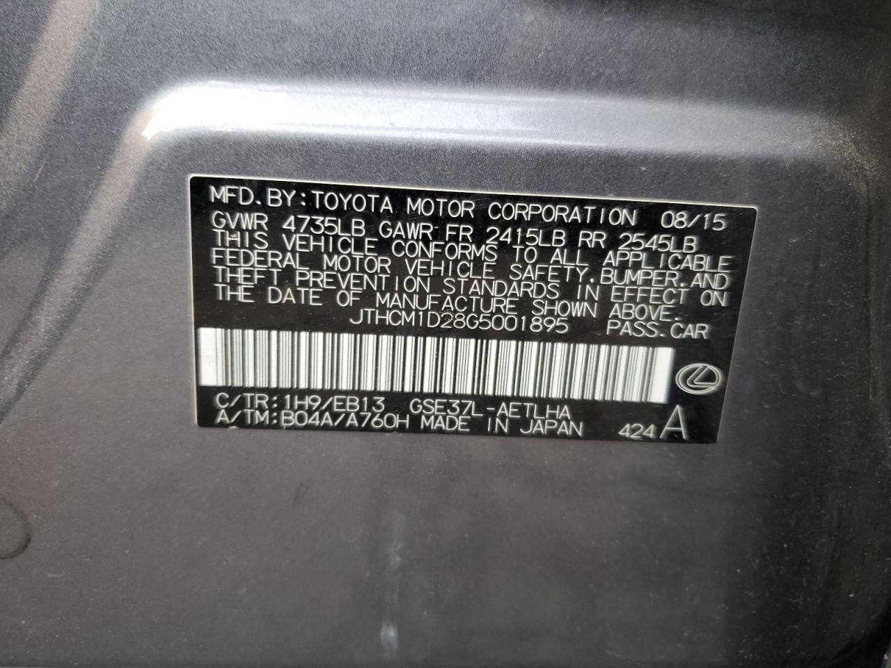 2016 Lexus Is 300 VIN: JTHCM1D28G5001895 Lot: 64323495