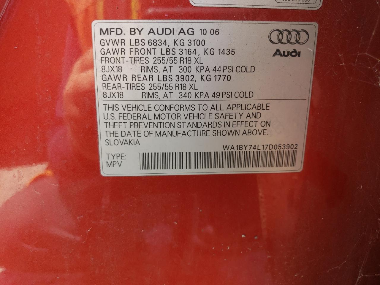 2007 Audi Q7 3.6 Quattro Premium VIN: WA1BY74L17D053902 Lot: 63675225