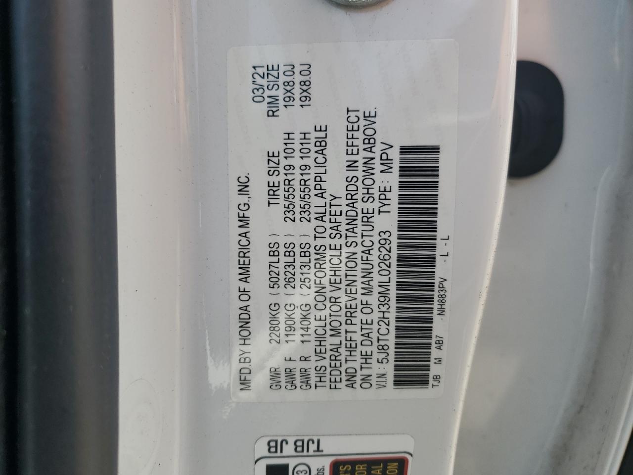 2021 Acura Rdx VIN: 5J8TC2H39ML026293 Lot: 63645325