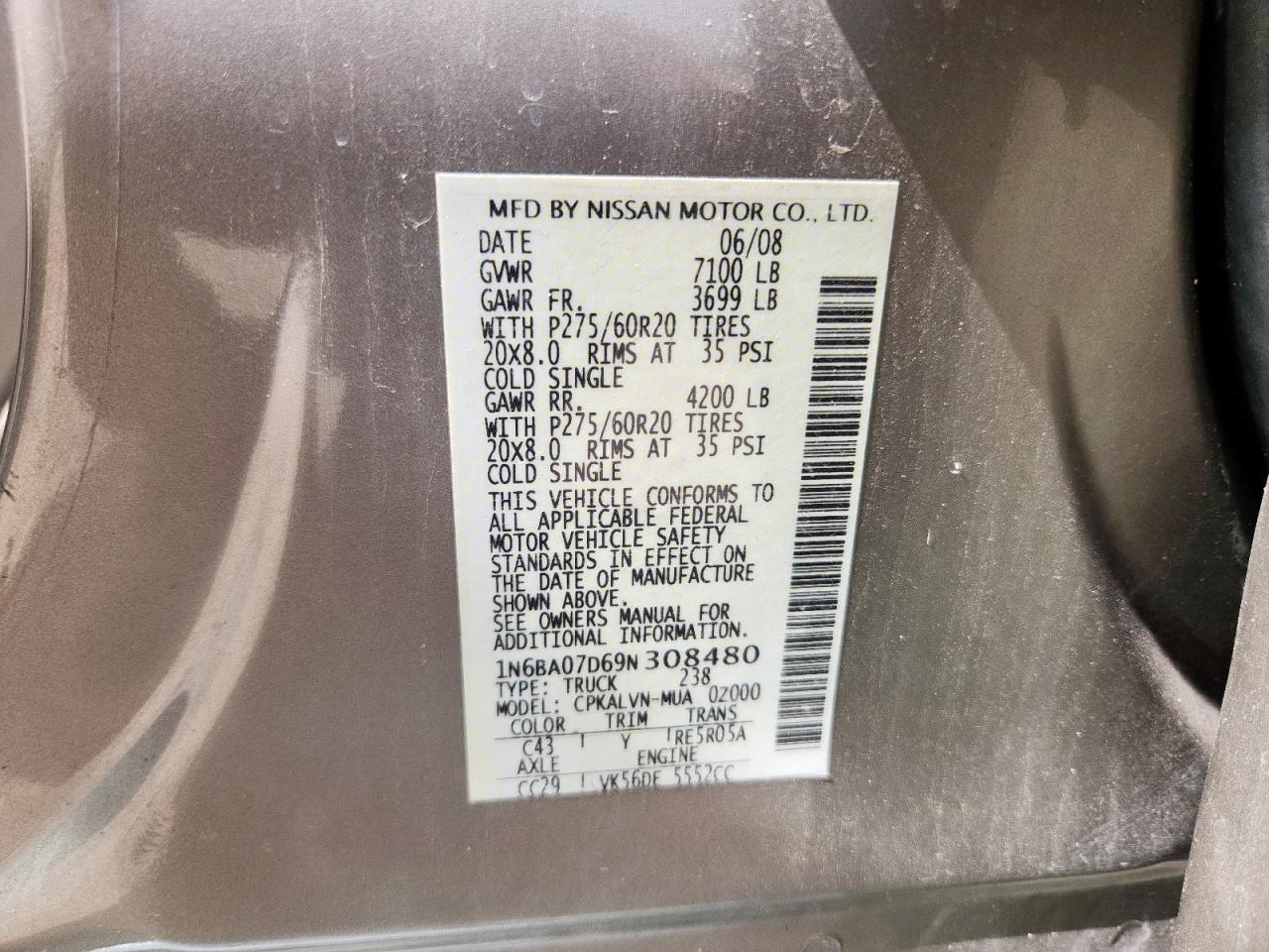 2009 Nissan Titan Xe VIN: 1N6BA07D69N308480 Lot: 62328635