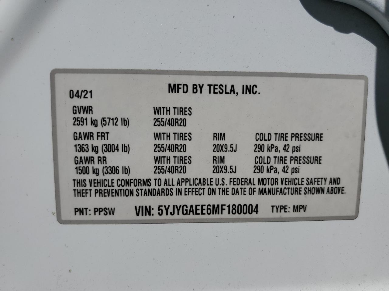 2021 Tesla Model Y VIN: 5YJYGAEE6MF180004 Lot: 63518745