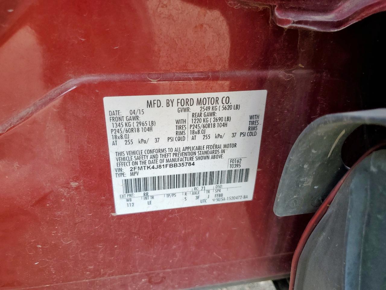 2015 Ford Edge Sel VIN: 2FMTK4J81FBB35784 Lot: 64885815