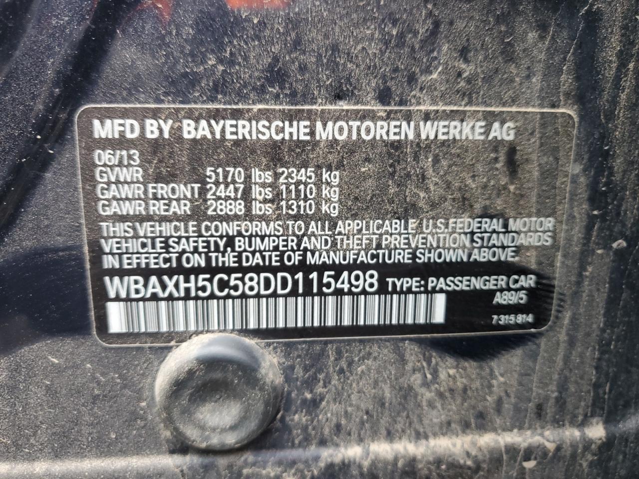 2013 BMW 528 Xi VIN: WBAXH5C58DD115498 Lot: 64618685