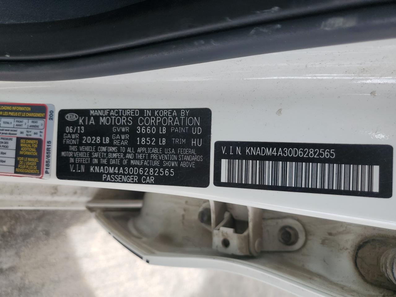 2013 Kia Rio Lx VIN: KNADM4A30D6282565 Lot: 65973055