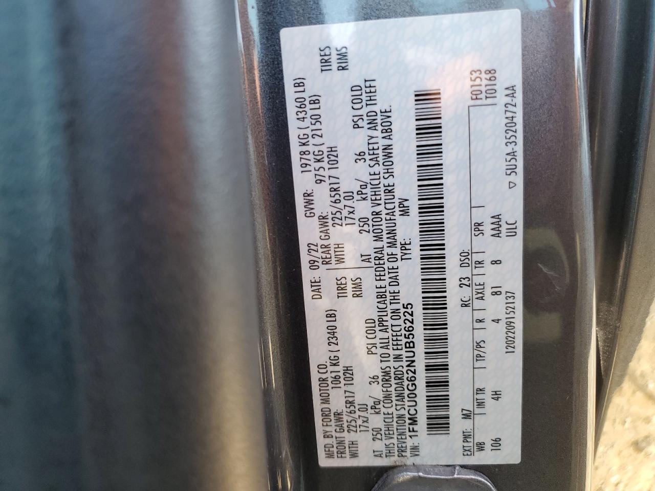 2022 Ford Escape Se VIN: 1FMCU0G62NUB56225 Lot: 65375165