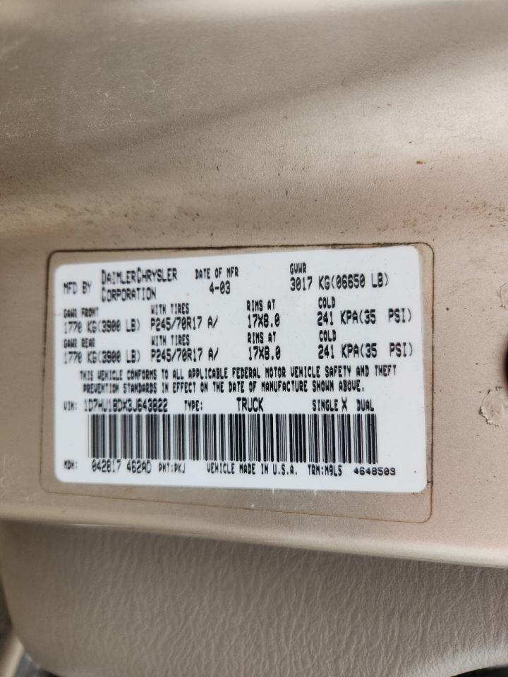 2003 Dodge Ram 1500 St VIN: 1D7HU18DX3J643822 Lot: 64056585