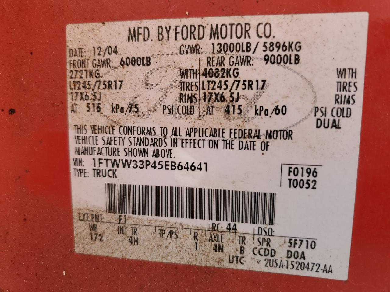 2005 Ford F350 Super Duty VIN: 1FTWW33P45EB64641 Lot: 64210435
