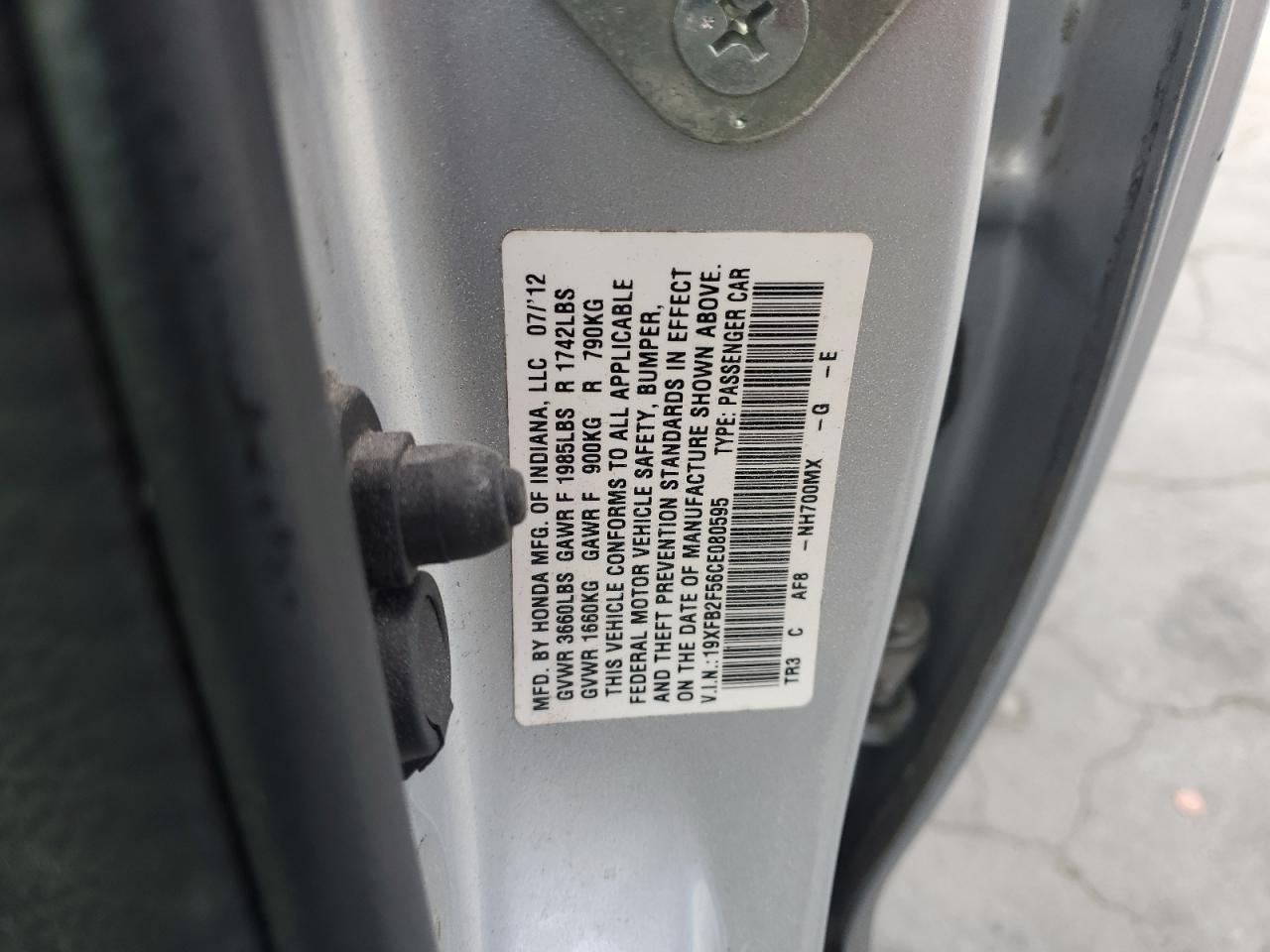 2012 Honda Civic Lx VIN: 19XFB2F56CE080595 Lot: 64566415