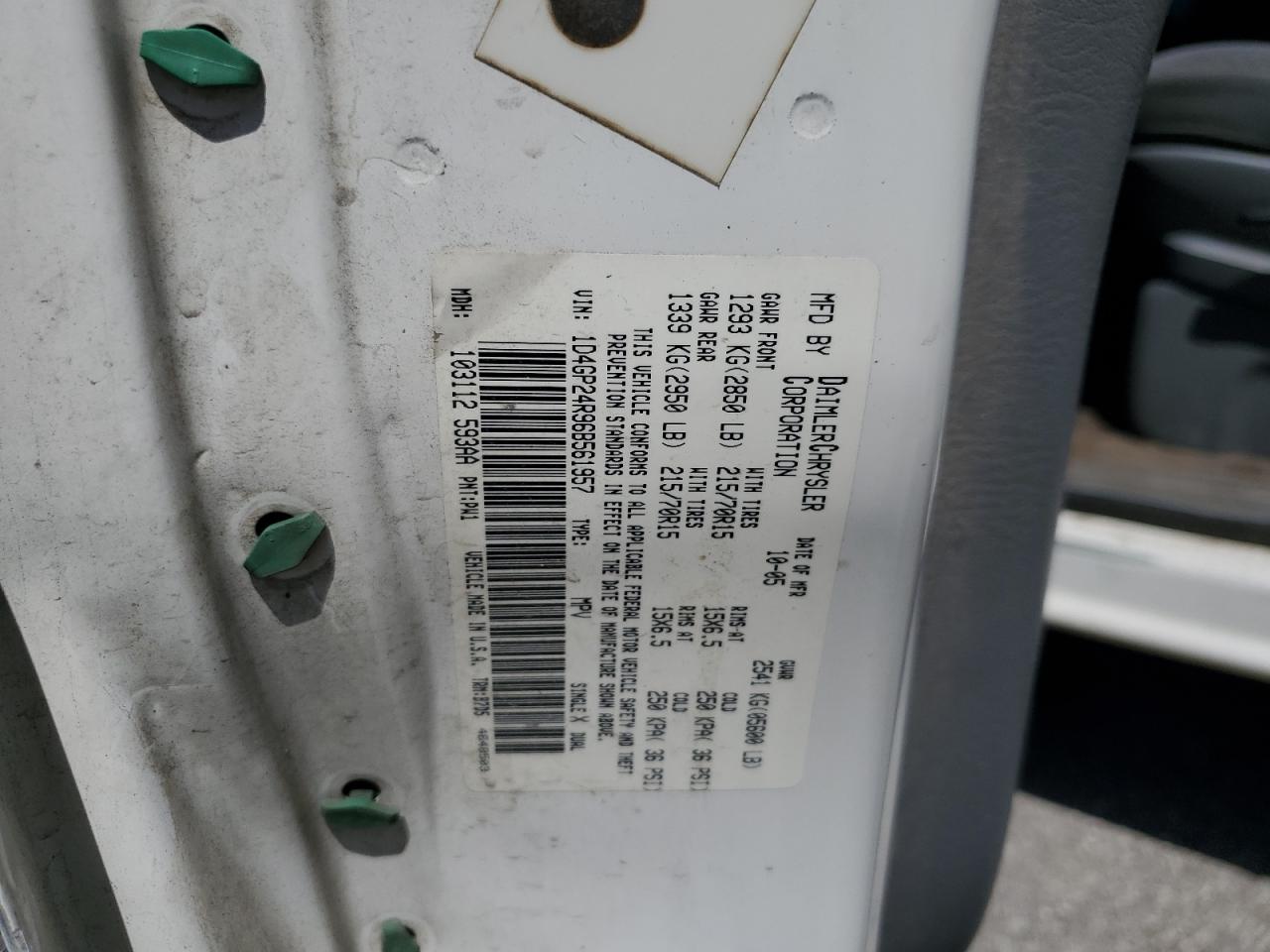 2006 Dodge Grand Caravan Se VIN: 1D4GP24R96B561957 Lot: 64314515