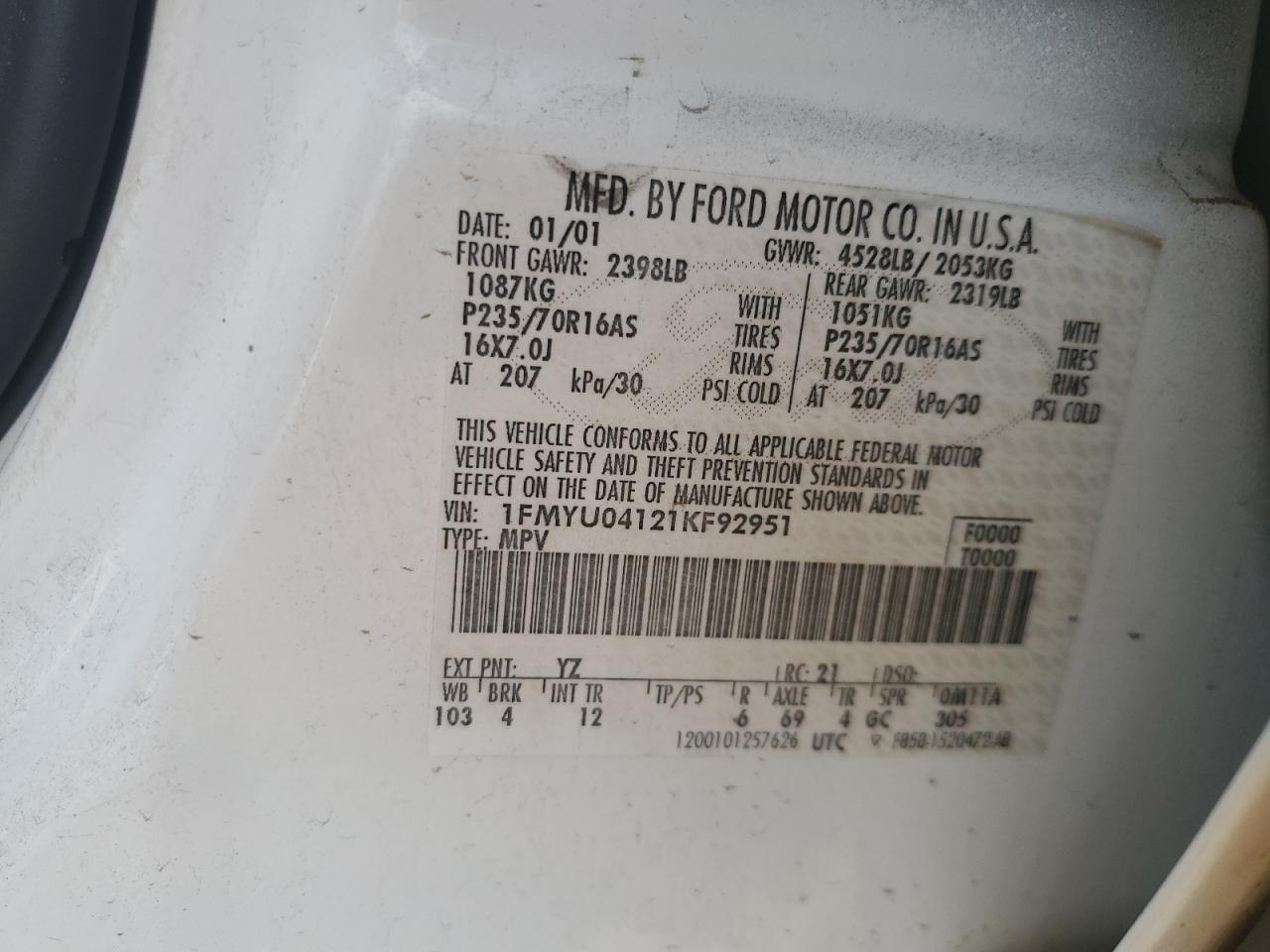 2001 Ford Escape Xlt VIN: 1FMYU04121KF92951 Lot: 64620475
