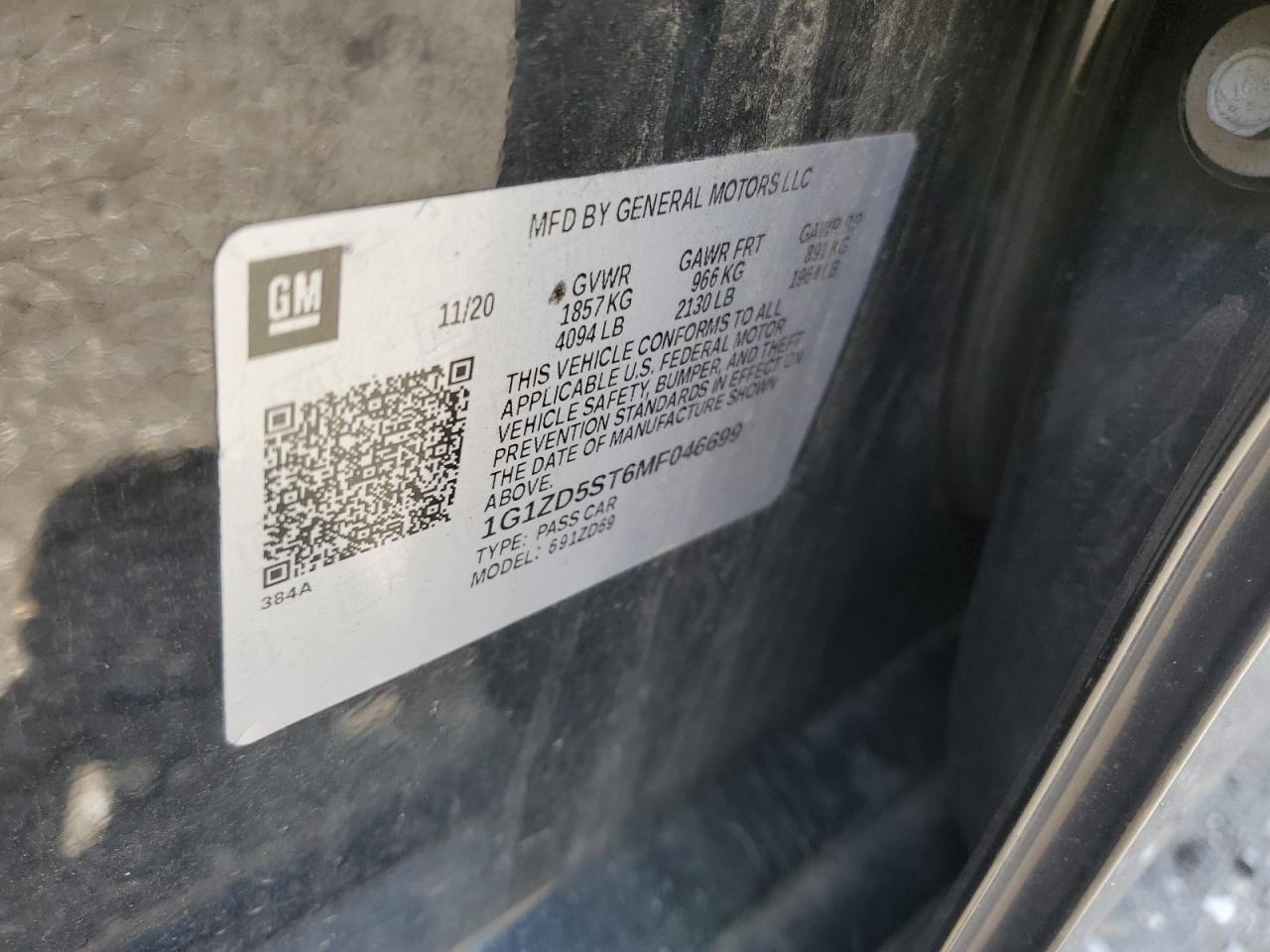 2021 Chevrolet Malibu Lt VIN: 1G1ZD5ST6MF046699 Lot: 62919715