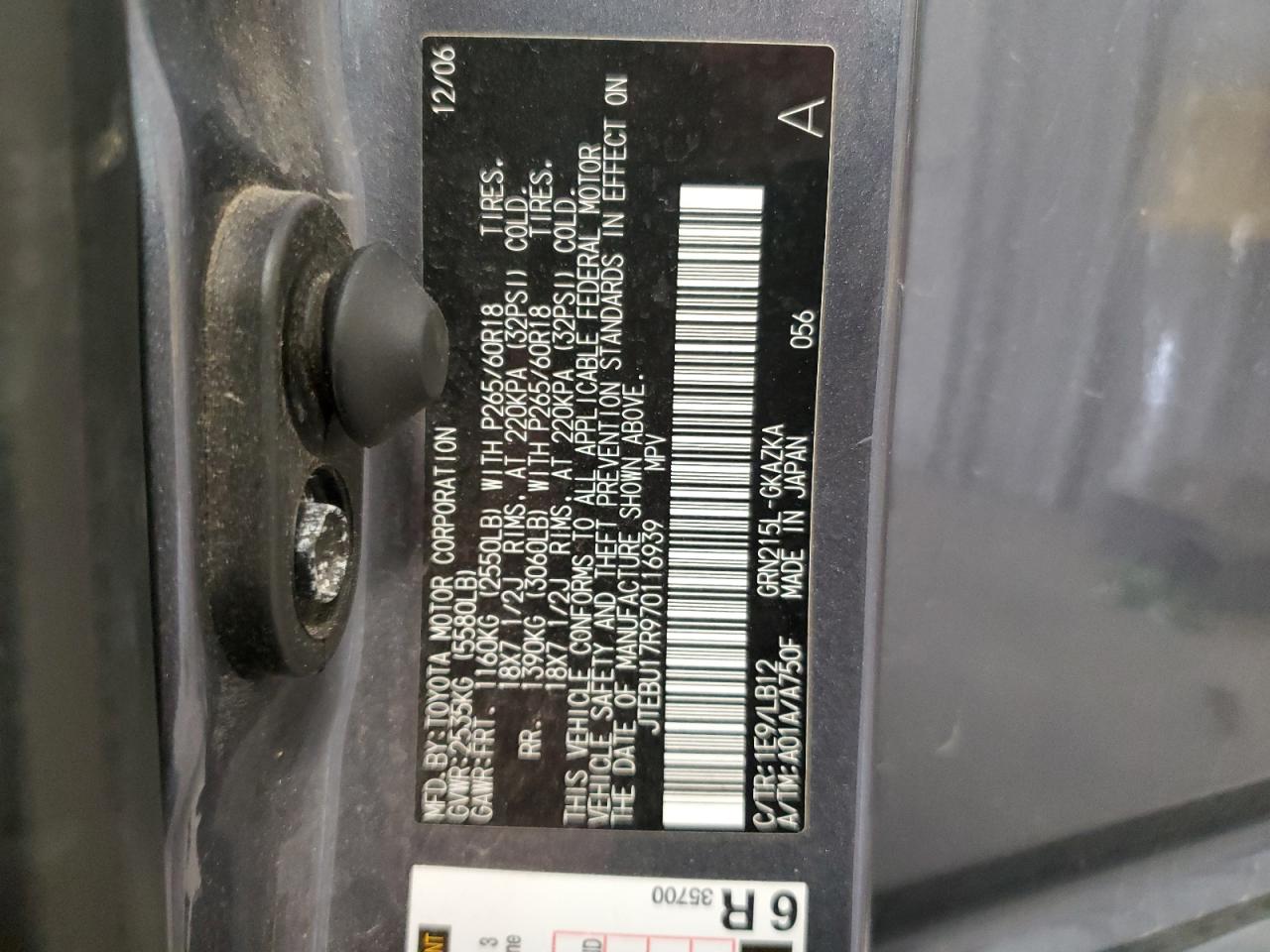 2007 Toyota 4Runner Limited VIN: JTEBU17R970116939 Lot: 62587775