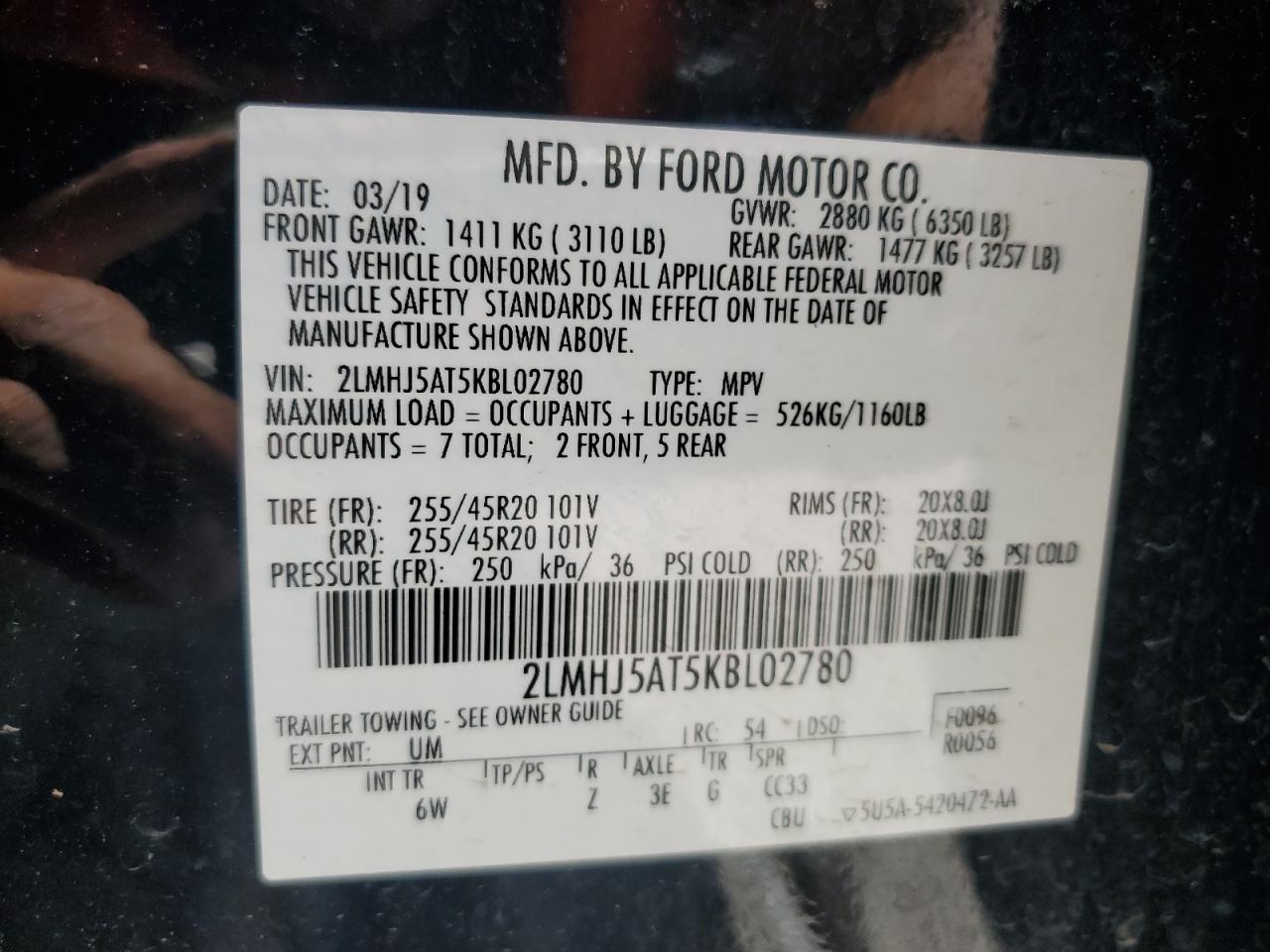 2019 Lincoln Mkt VIN: 2LMHJ5AT5KBL02780 Lot: 62844675