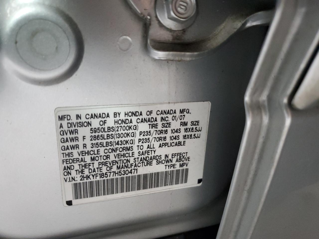 2007 Honda Pilot Exl VIN: 2HKYF18577H530471 Lot: 64804055