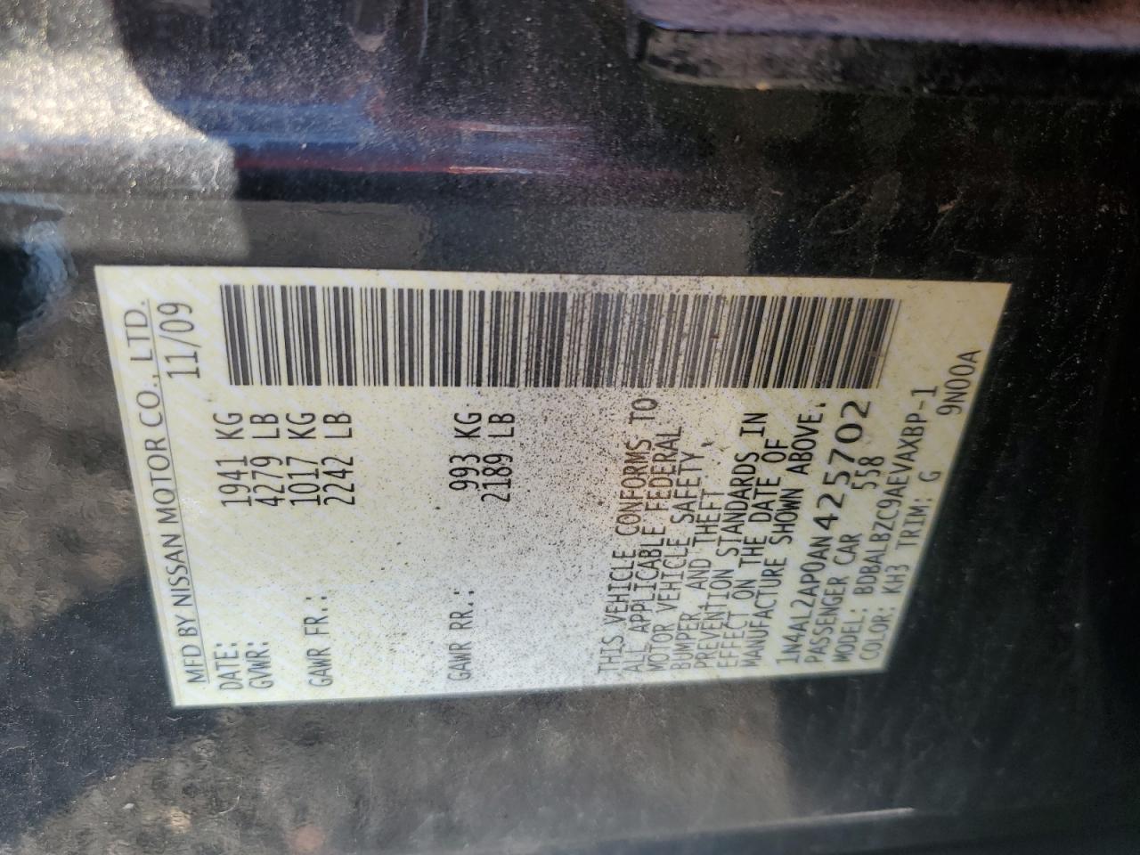 2010 Nissan Altima Base VIN: 1N4AL2AP0AN425702 Lot: 64128015
