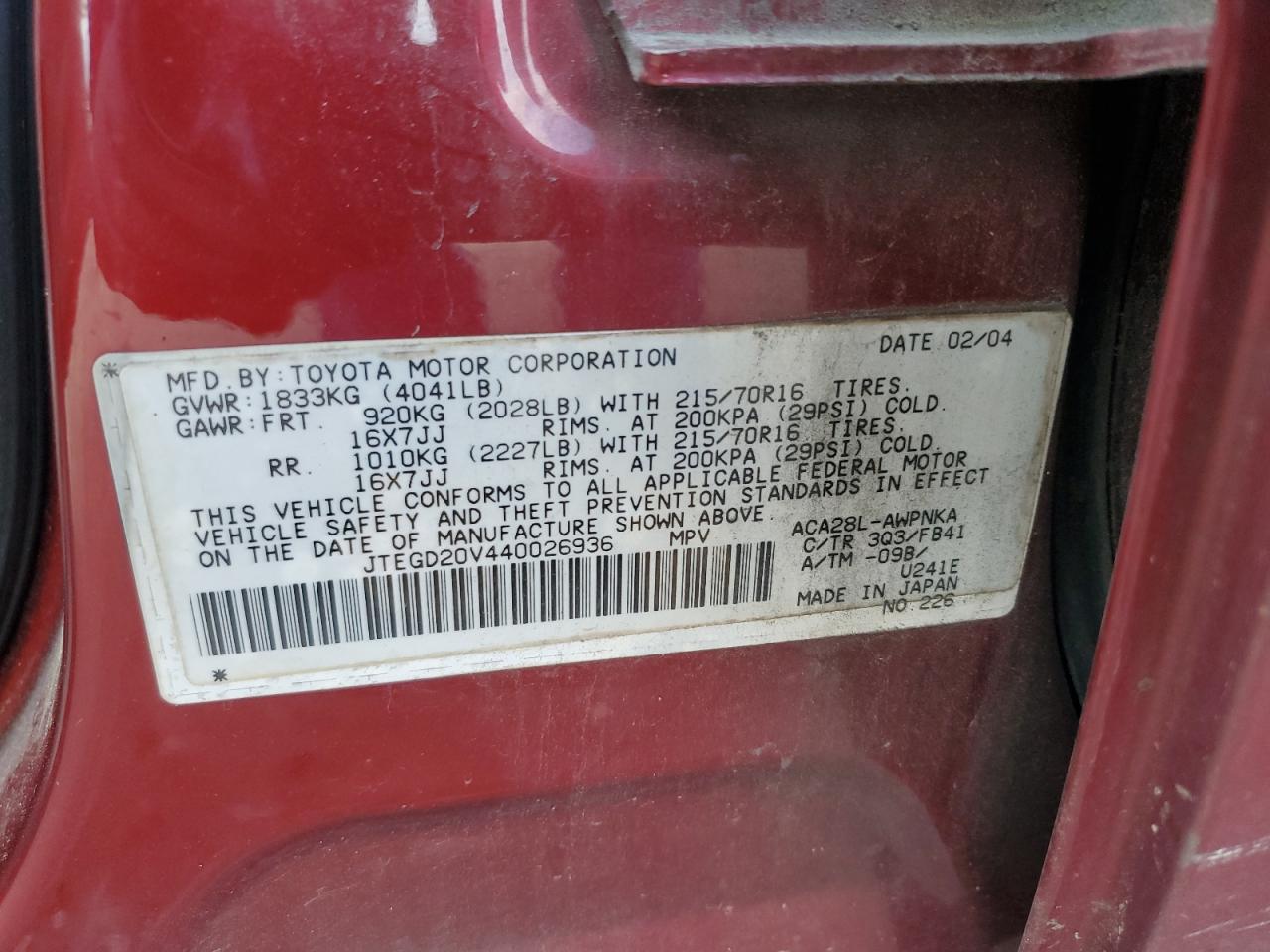 2004 Toyota Rav4 VIN: JTEGD20V440026936 Lot: 65056665