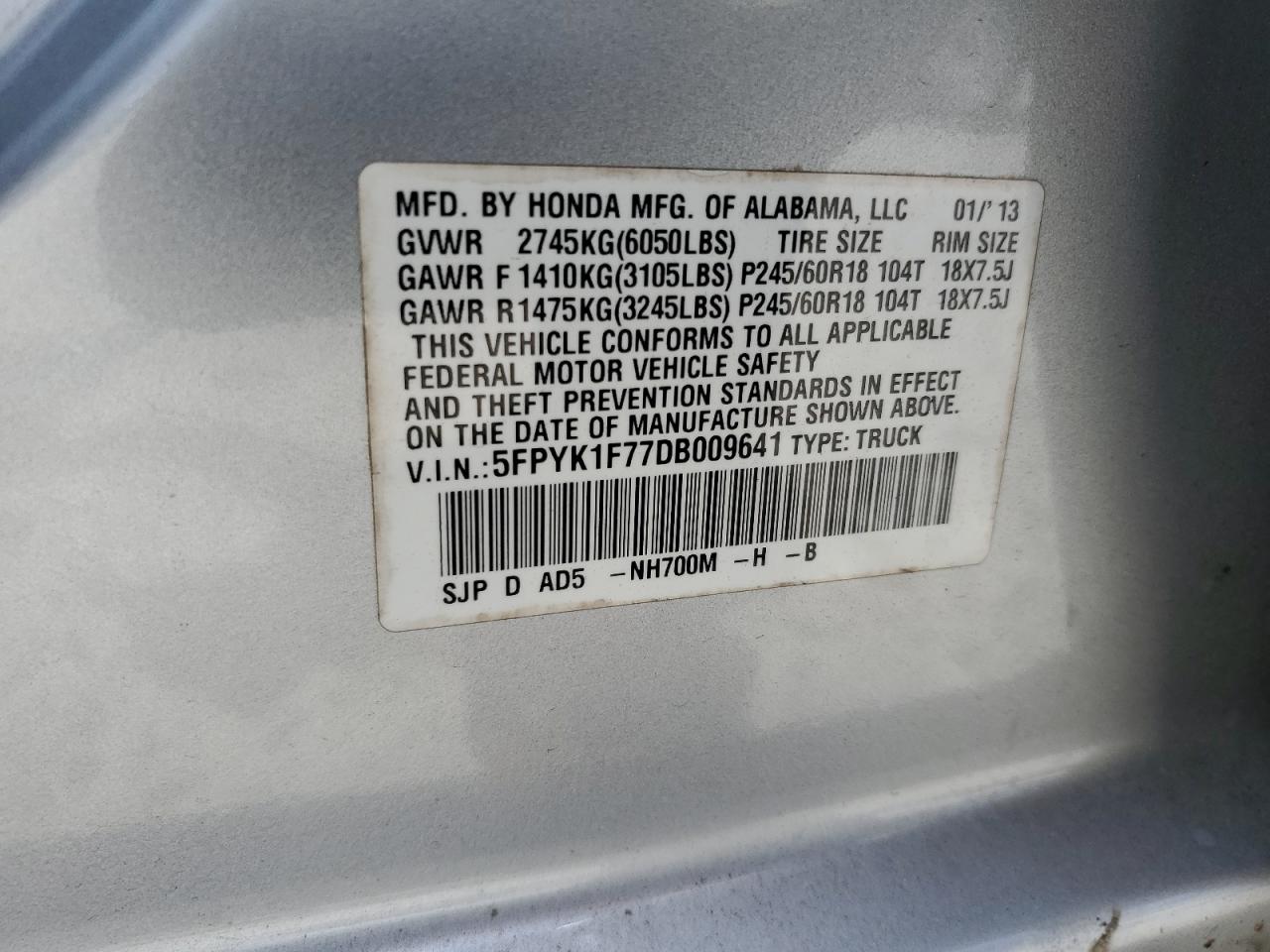 2013 Honda Ridgeline Sport VIN: 5FPYK1F77DB009641 Lot: 63378875