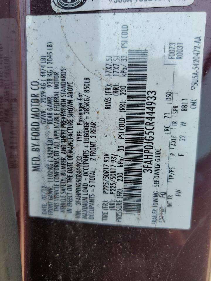 2012 Ford Fusion Sel VIN: 3FAHP0JG5CR444933 Lot: 64671825