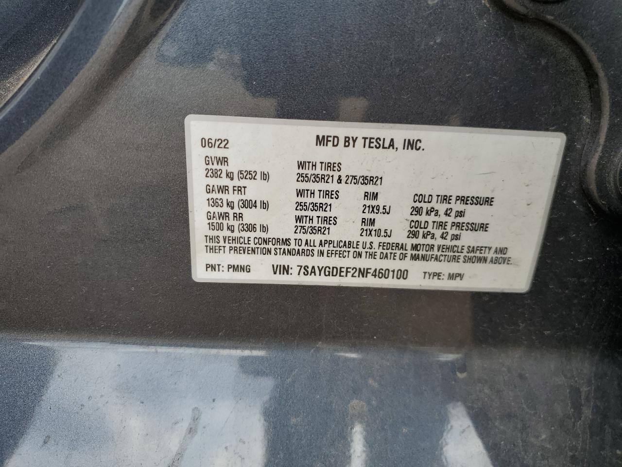 2022 Tesla Model Y VIN: 7SAYGDEF2NF460100 Lot: 64062125