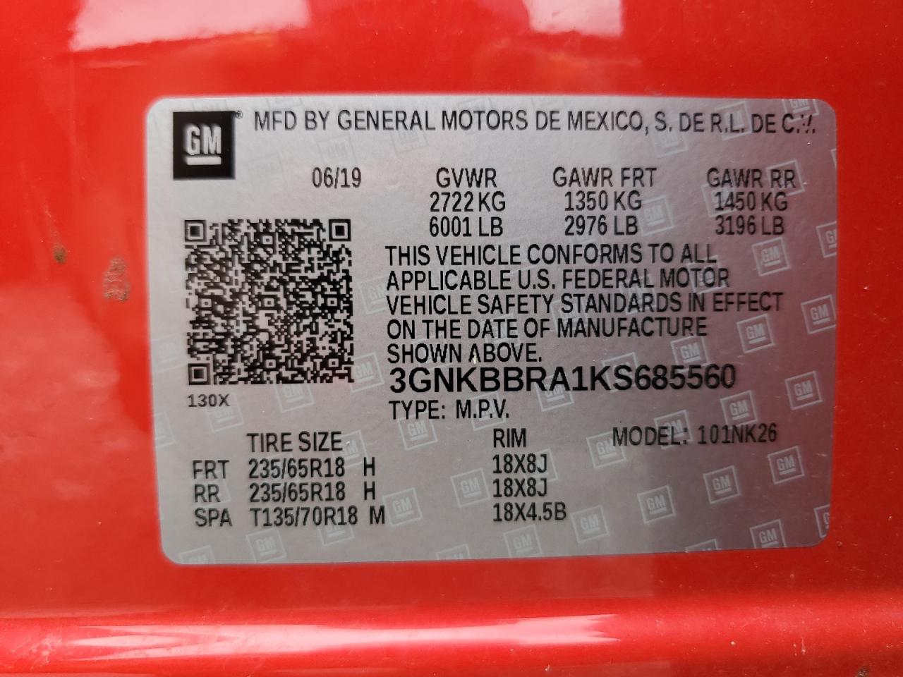 2019 Chevrolet Blazer 1Lt VIN: 3GNKBBRA1KS685560 Lot: 64663335