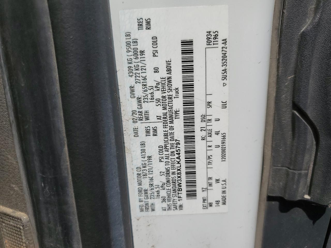 2020 Ford Transit T-350 VIN: 1FTBW3X8XLKA45797 Lot: 63489075