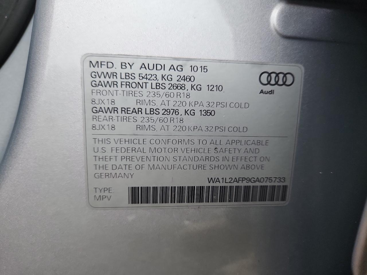 2016 Audi Q5 Premium Plus VIN: WA1L2AFP9GA075733 Lot: 63631015